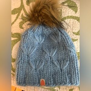 Shit that I knit hat- Carolina blue, camel Pom Pom